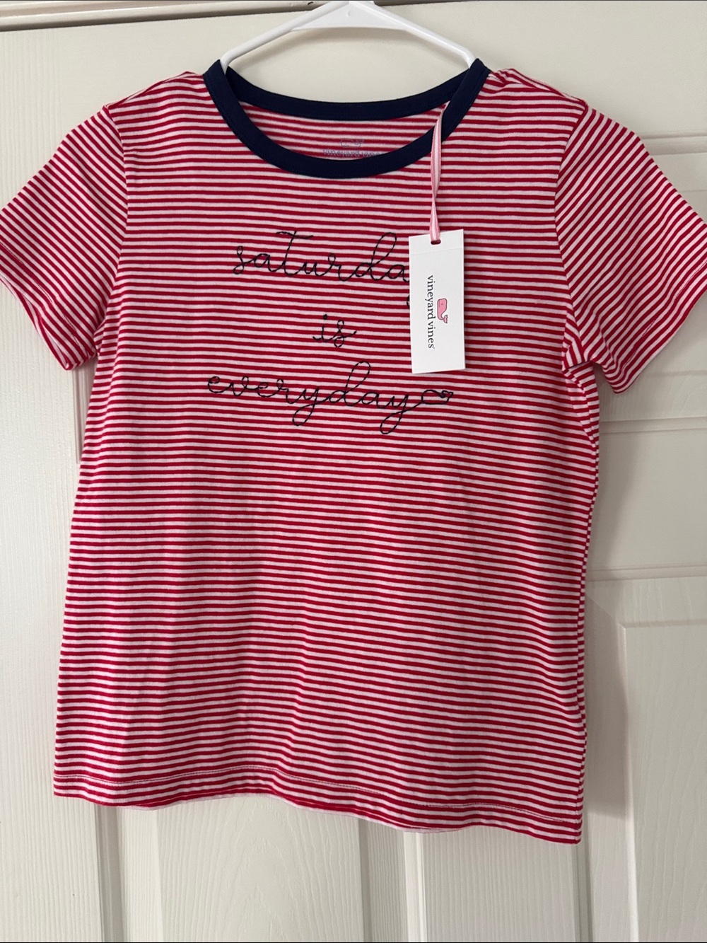 Vineyard Vines Red & White Striped Kids Tee with Navy Neck NEW girl’s 10-12